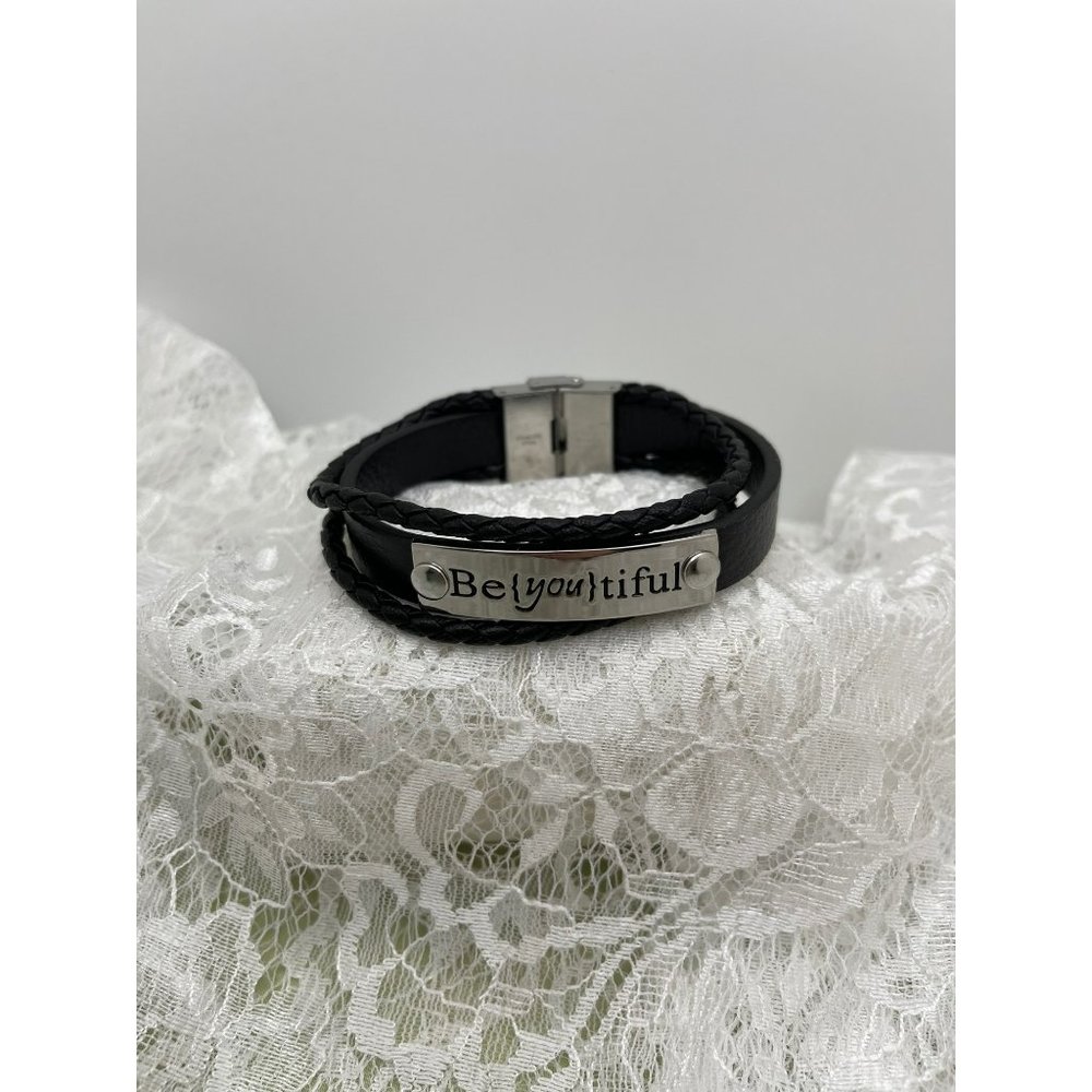 "Be{you}tiful" Stainless Steel & Black Faux Leather Easy Clasp Bracelet